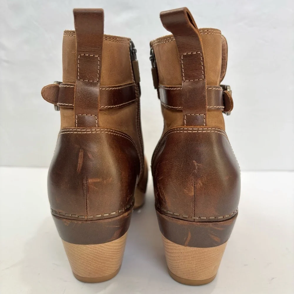 Dansko Anya Biscotti Brown Nude Leather Zip Buckled Platform Ankle Bootie 5.5/36